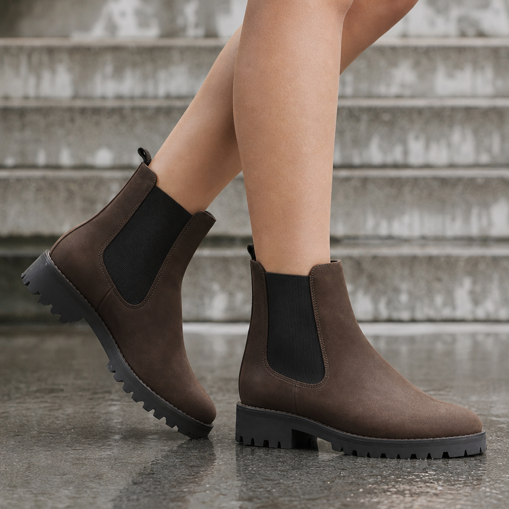 Brown Chelsea boots for women with grip sole worn with jeans on an autumn street
