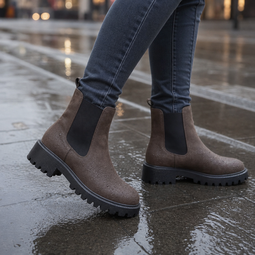 Chelsea boots for women wide fit worn with jeans on a city sidewalk