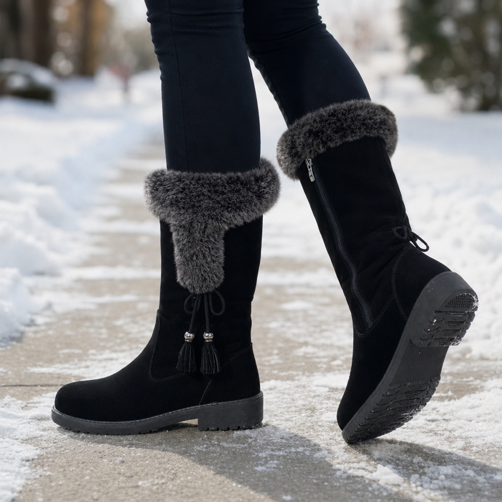 black fur boots for women, fleece lined mid calf winter boots