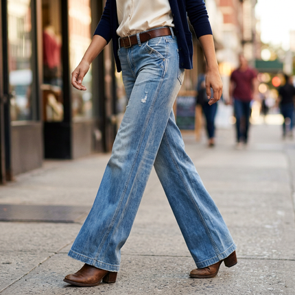 High waisted wide leg 70s flare jeans for women in faded light wash, front view