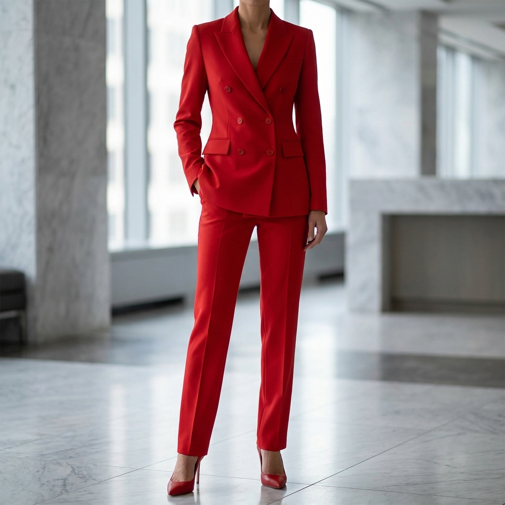 Red double breasted pant suit set for women, full length front view
