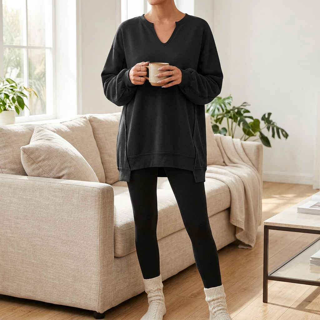 Oversized V neck tunic sweatshirt for women worn with leggings, front view