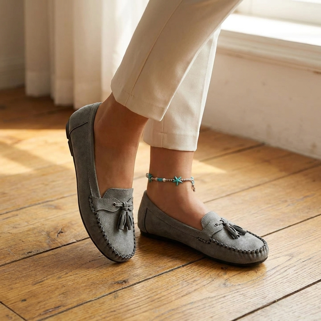 Suede bow tassel loafers for women in sage green
