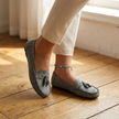Suede bow tassel loafers for women in sage green