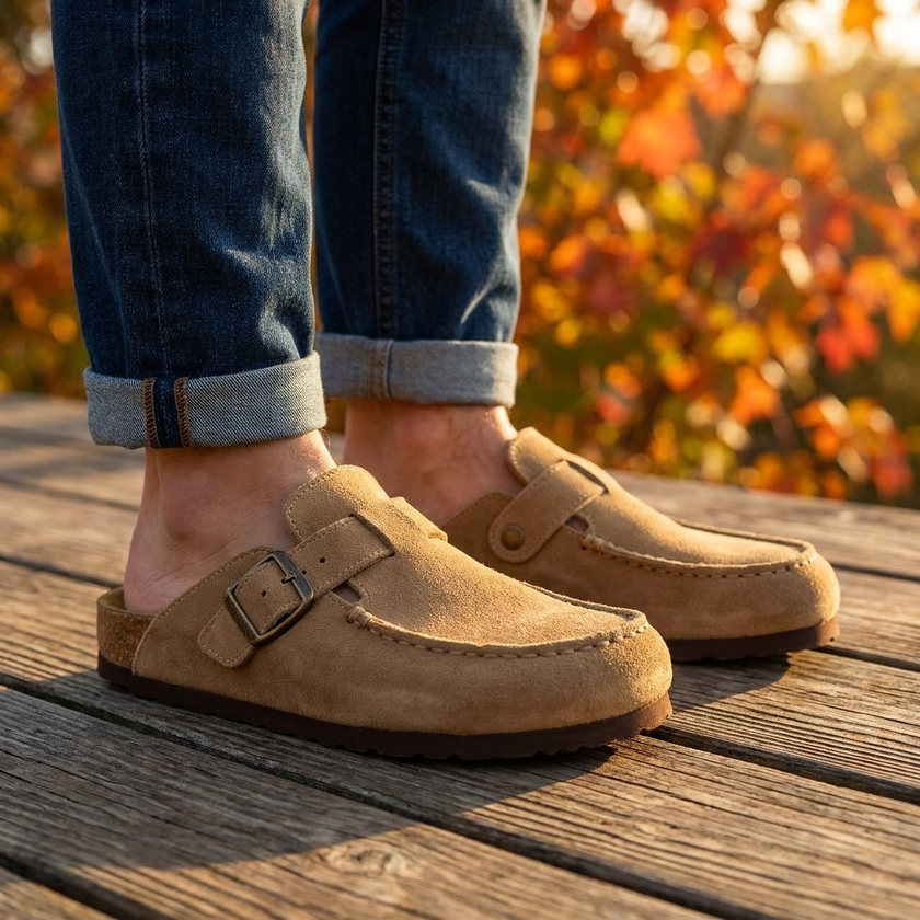 Women's comfortable slip on walking shoes, suede moc toe with cork midsole