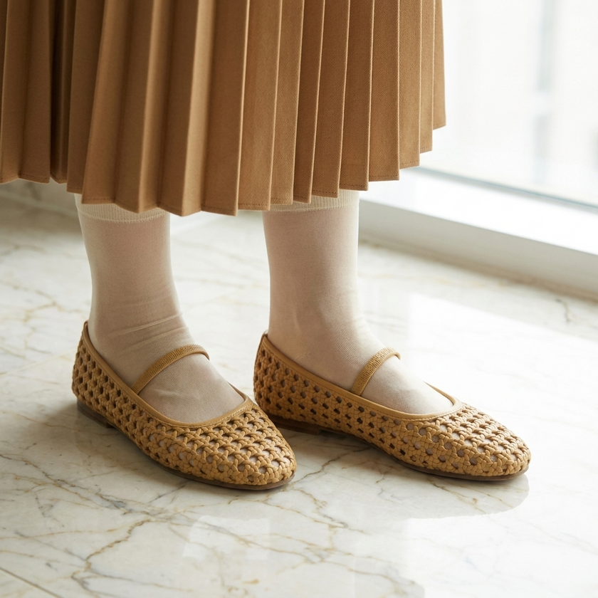 Women's ballet flats with arch support, woven slip-on flats worn with a midi skirt