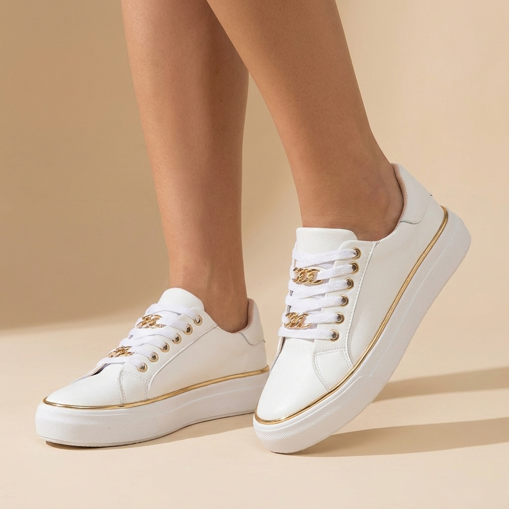White platform sneakers for women with gold chain lace detail