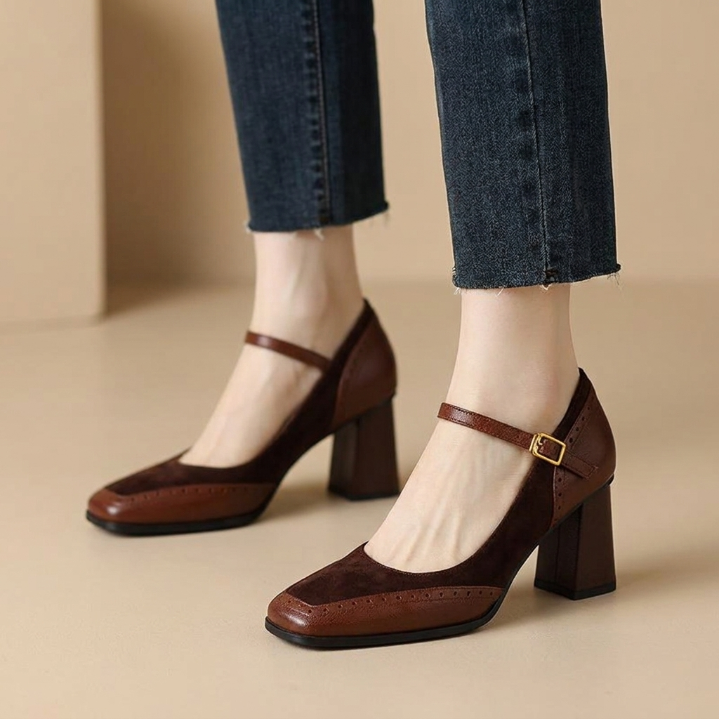 Brown oxford brogue heels for women with ankle strap and square toe block heel
