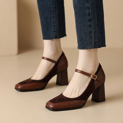 Brown oxford brogue heels for women with ankle strap and square toe block heel