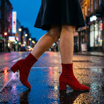 Women's leopard print dress boots mid stride on a city street at dusk