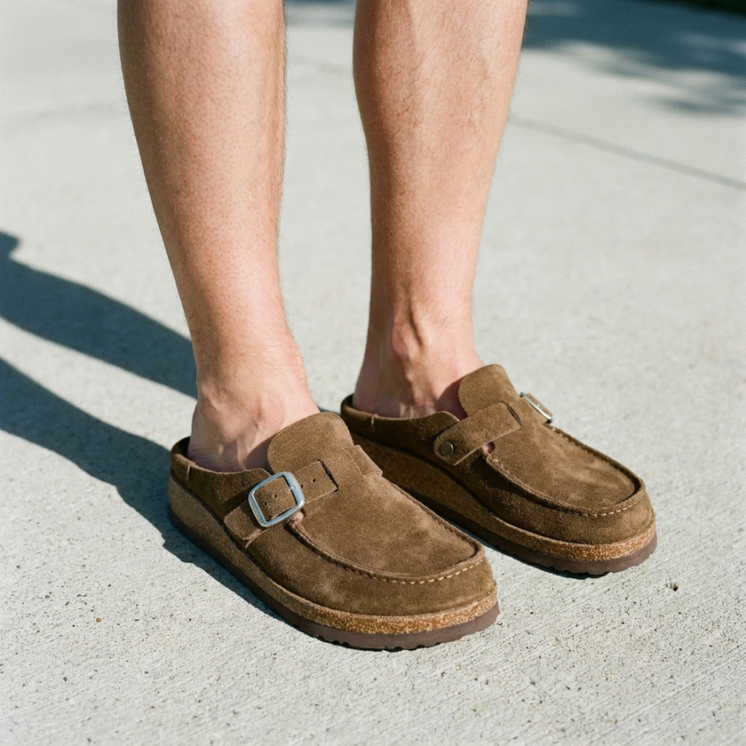 Black clogs for women, slip-on suede clogs seen from above