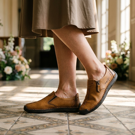 Elegant dress shoes for women on the tiled floor of a bright event venue entrance