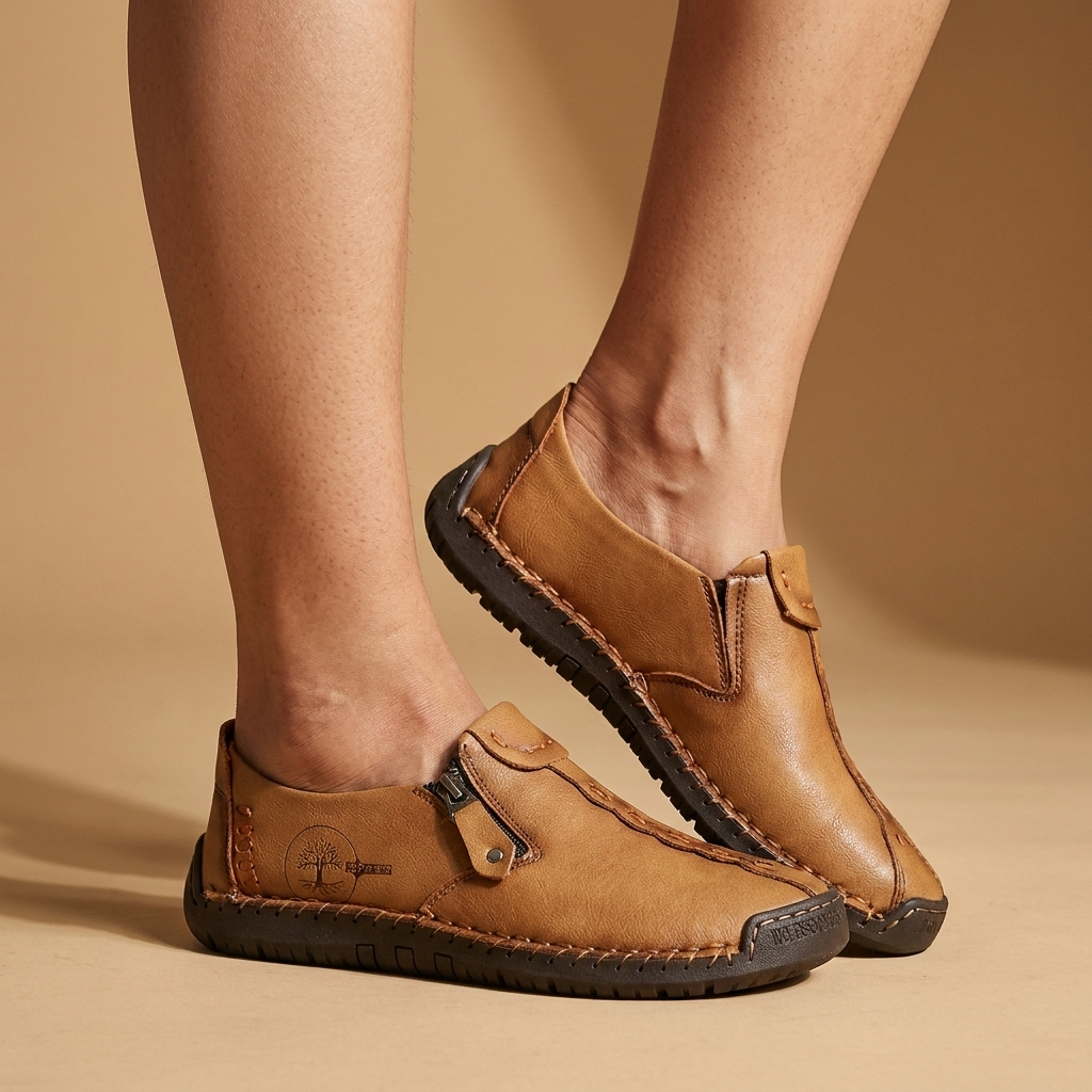 Women's comfortable dress heels with low block heel on a studio floor