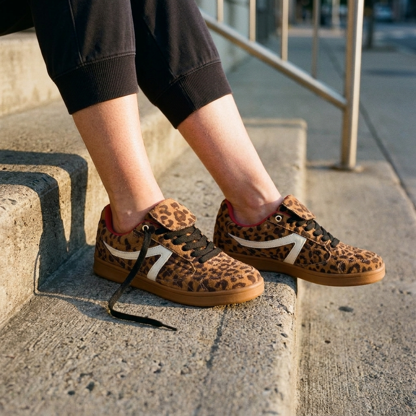 Women's leopard sneakers, retro low top lace up shoes on front steps