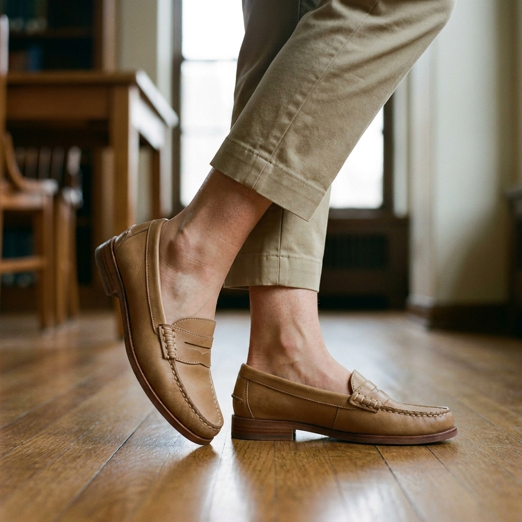 Women's black loafers, classic slip-on flats on an office floor