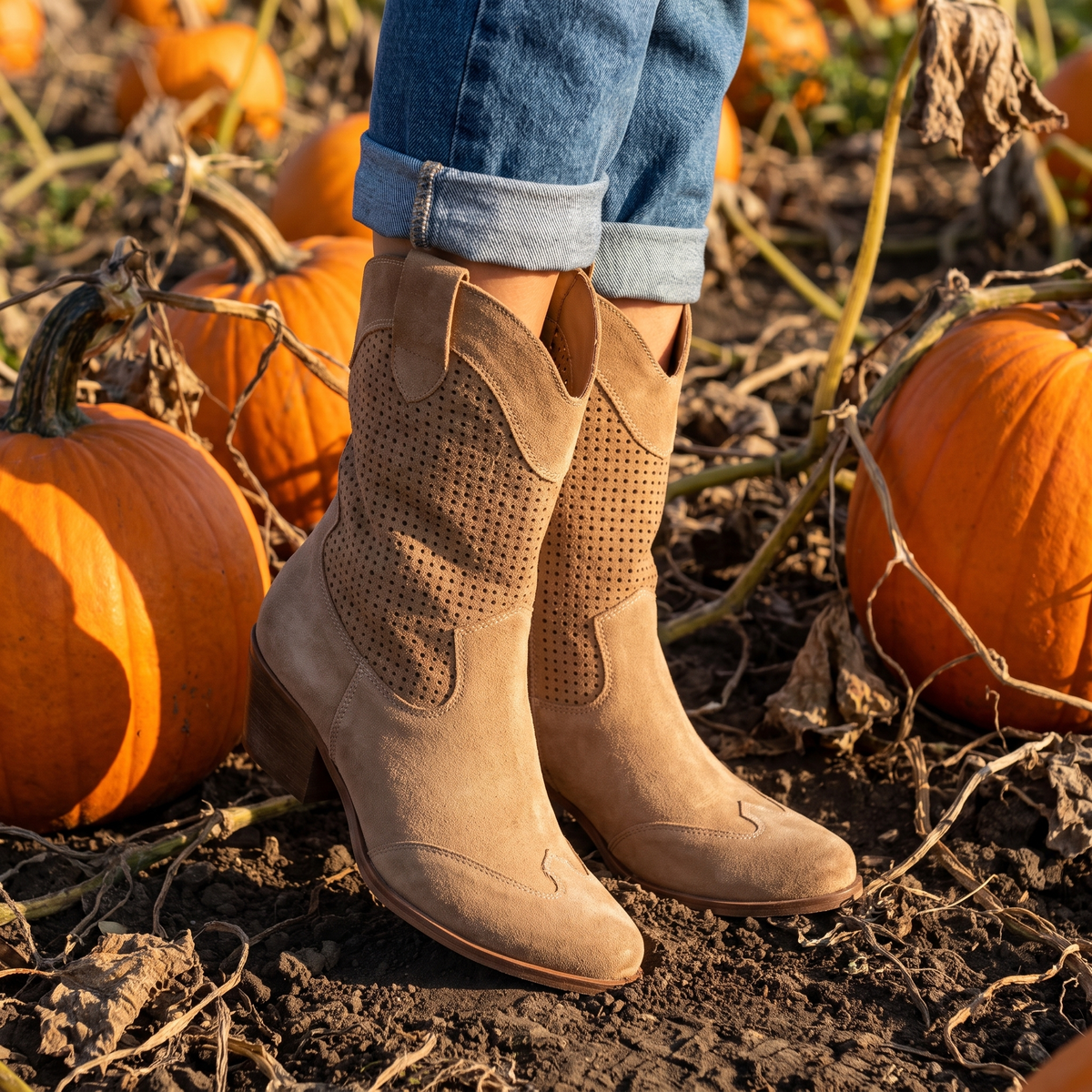 Comfortable cowboy boots for women with arch support, standing in a pumpkin patch