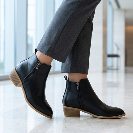 Comfortable arch support ankle boots with side zip in a modern lobby with tailored trousers