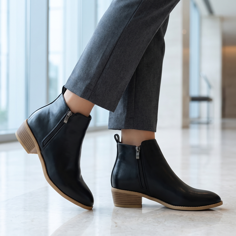Comfortable arch support ankle boots with side zip in a modern lobby with tailored trousers