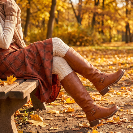 Brown knee high riding boots with buckle detail styled with plaid midi skirt in autumn