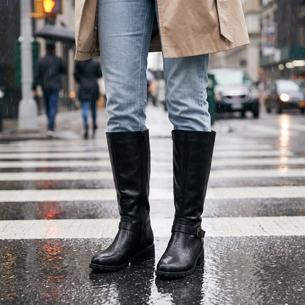 Knee high buckle riding boots for women in black with block heel, worn with jeans