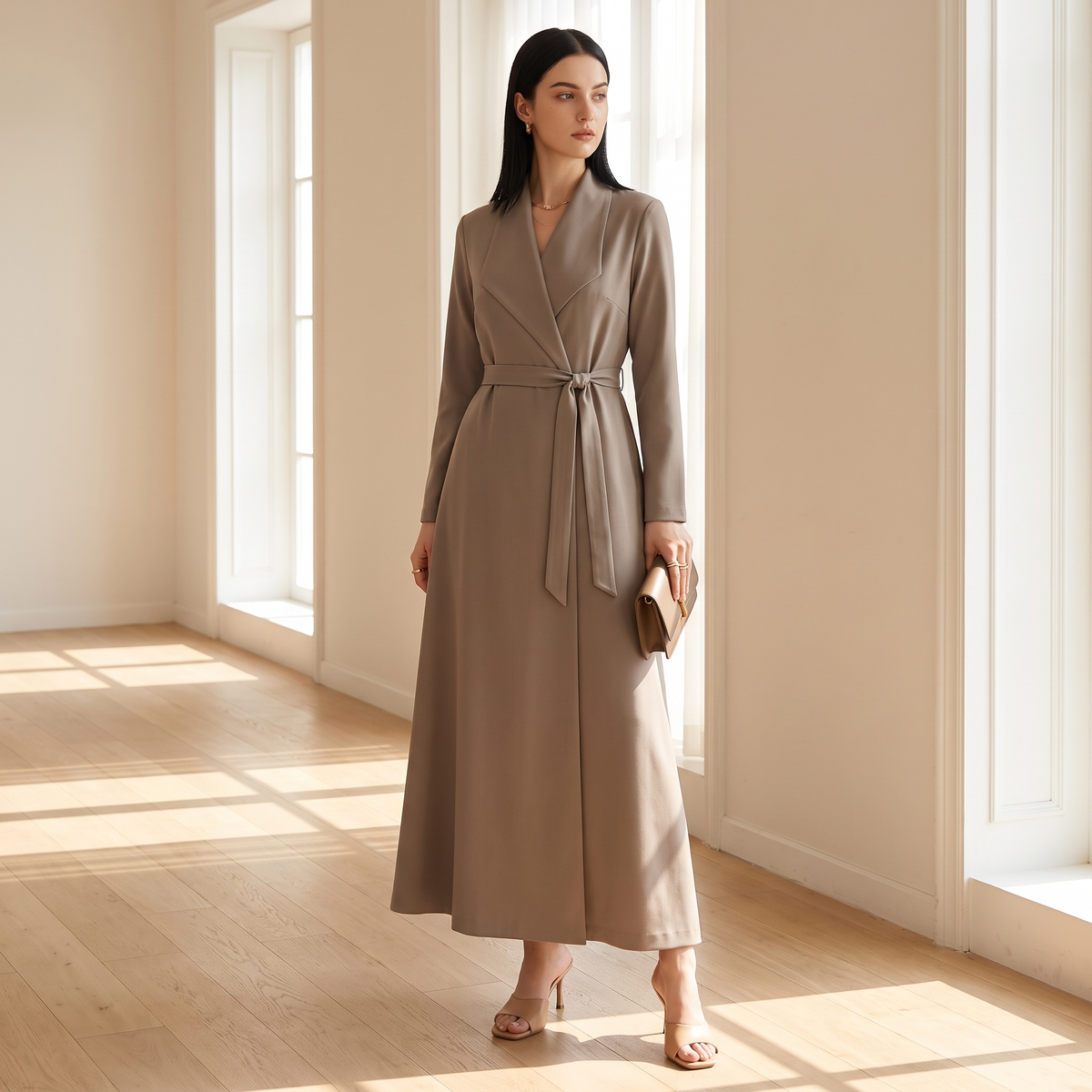 Taupe long sleeve belted wrap maxi dress for women in a sunlit interior