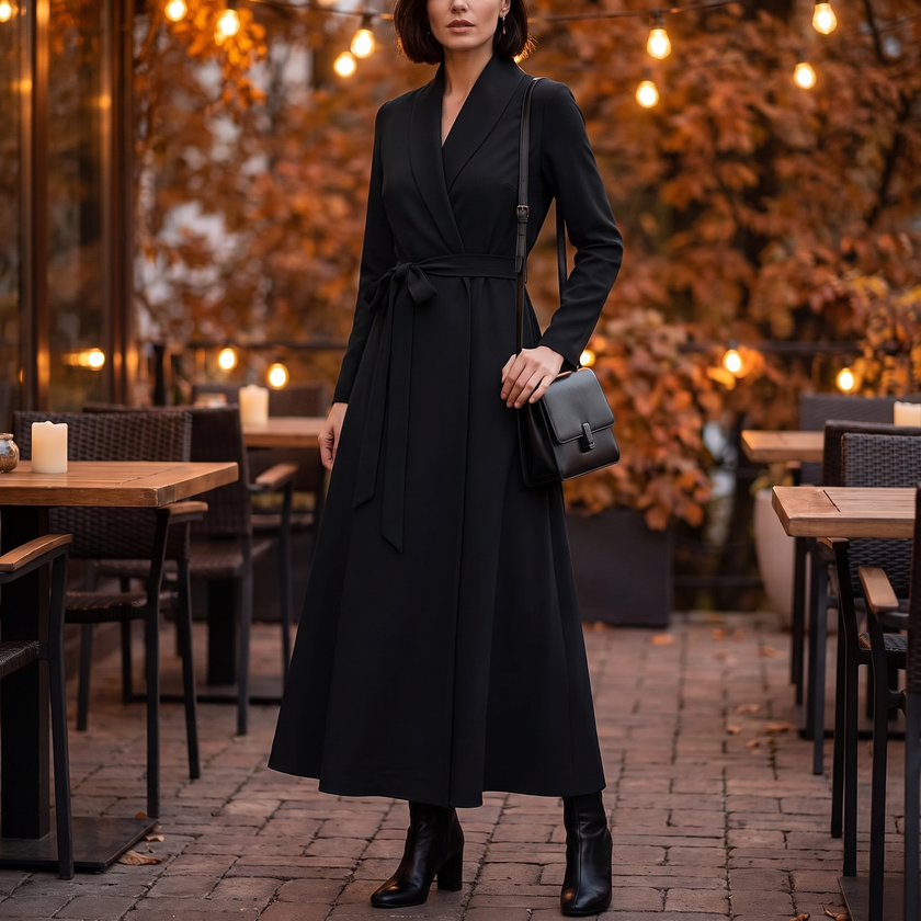 Woman wearing a black A-line wrap maxi dress with belt on an evening terrace