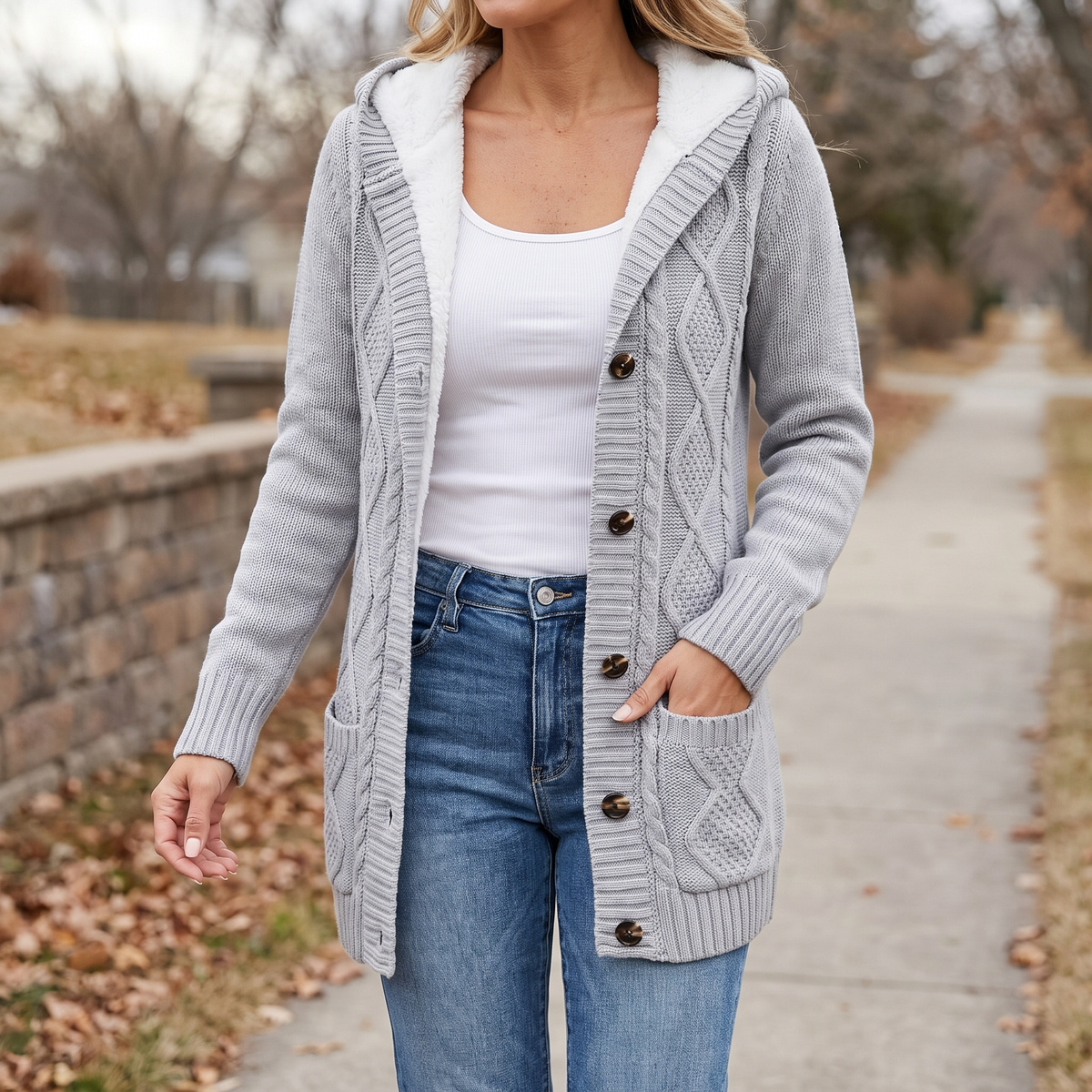 Women's plush lined hooded cardigan in light grey, worn open over a white tank