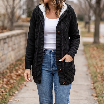 Women's hooded button front cardigan in black, worn open over a white tank