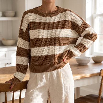 Meredith striped knit sweater in Coffee - lifestyle