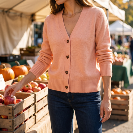 Women's V neck heart button cardigan in pink