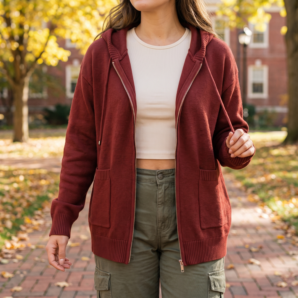Women's hooded zip up knit cardigan in brick red