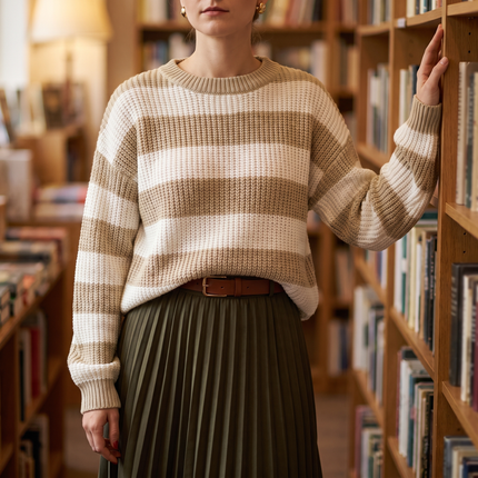 Meredith striped knit sweater in Khaki - lifestyle