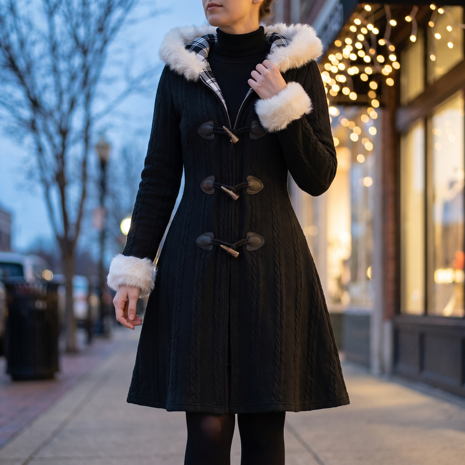 Women's long winter coat with faux fur trim hood in black, worn closed