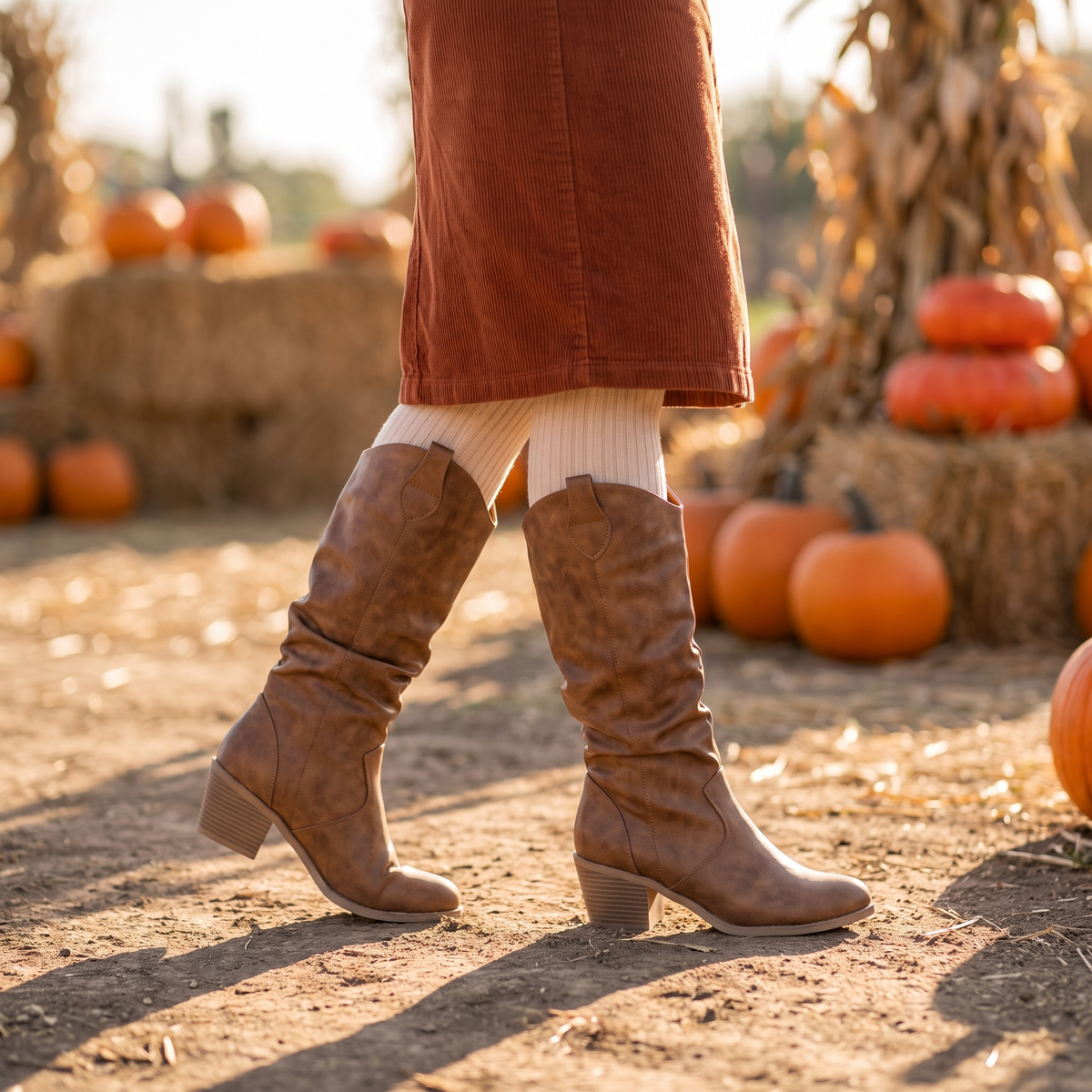 Aria wide calf knee high boots in Light Brown - lifestyle