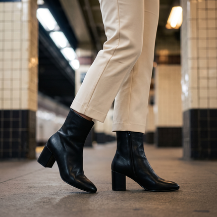 Pointed toe block heel ankle boots for women in black, lifestyle