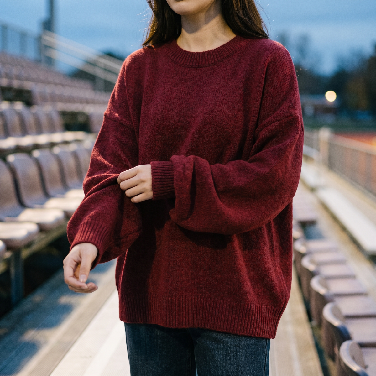 Rachel drop shoulder sweater in Burgundy - lifestyle