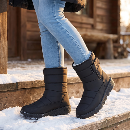 black waterproof snow boots for women on a snowy porch step