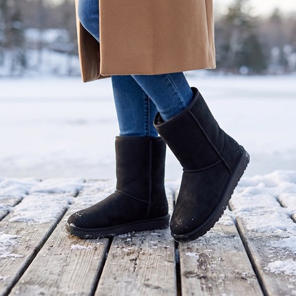 black sherpa lined winter boots for women on a snowy dock