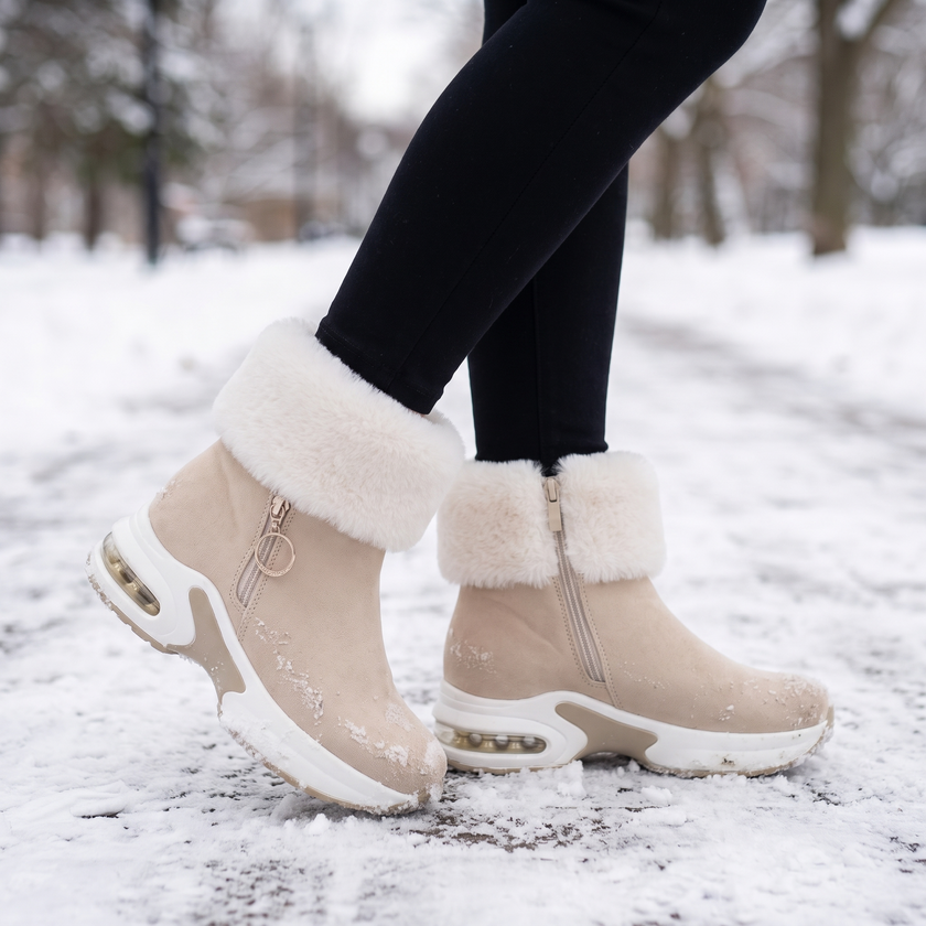 beige fur lined winter ankle boots for women on a snowy path