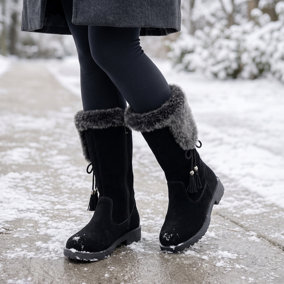 black fur cuff winter boots for women on a snowy sidewalk