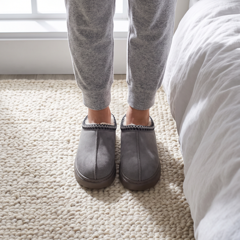 House shoes for women in gray, on a bedroom rug