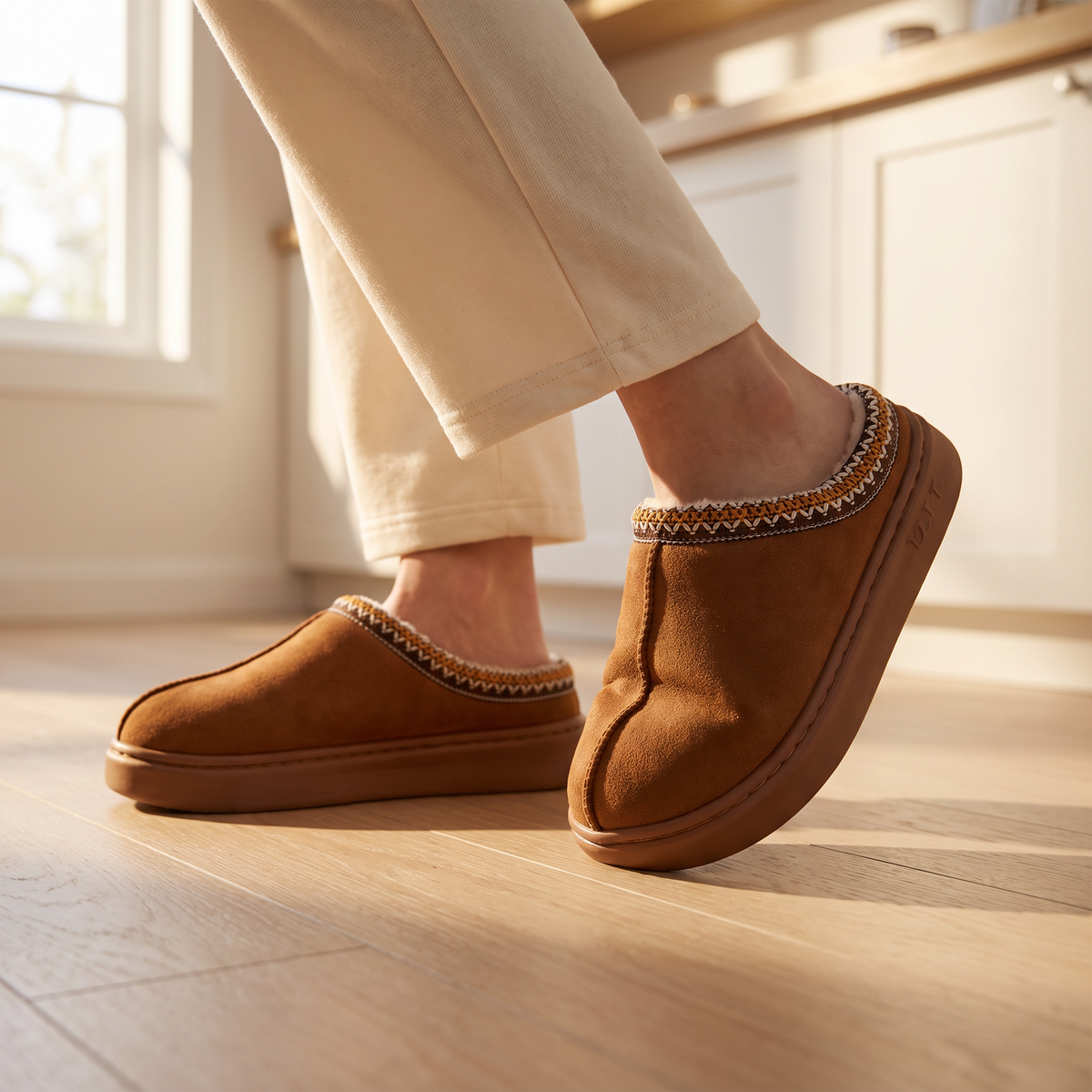 House shoes for women in brown, worn in a kitchen