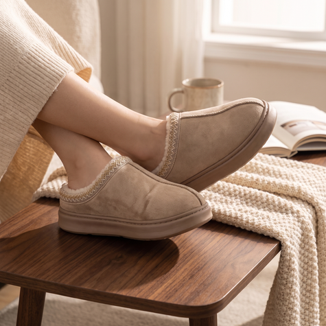 House shoes for women in khaki, feet up on a coffee table