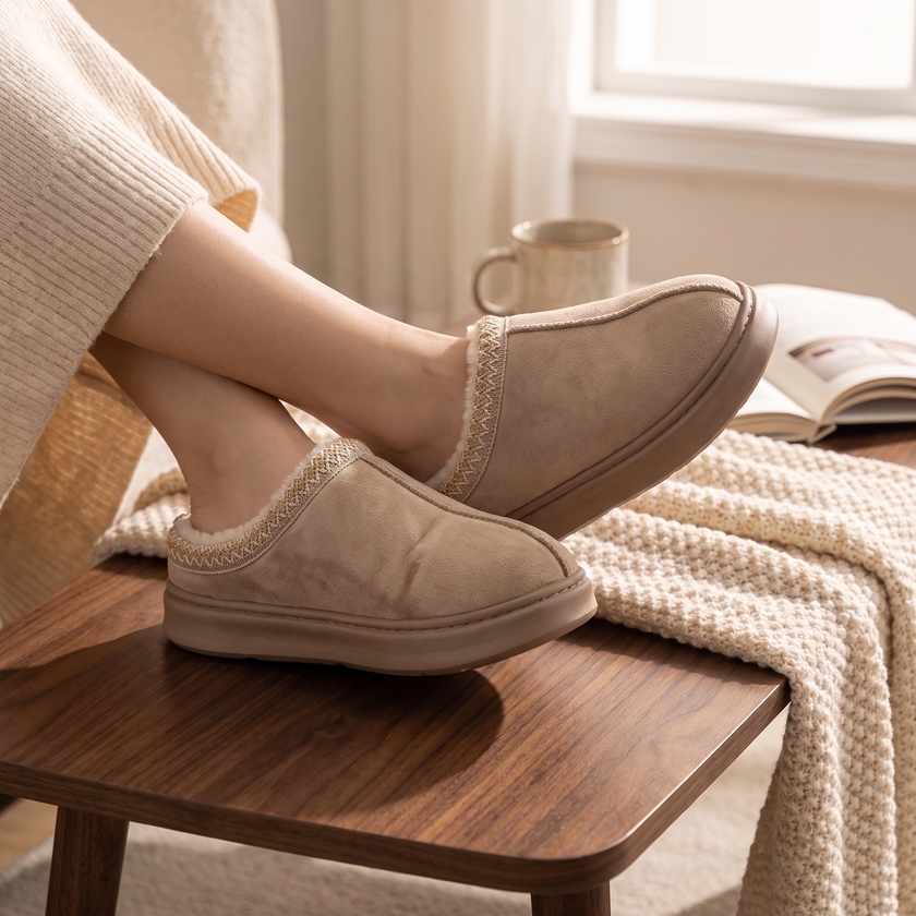 House shoes for women in khaki, feet up on a coffee table