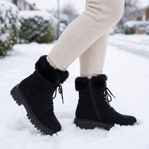 Lace up boots for women in black with faux fur collar in snow