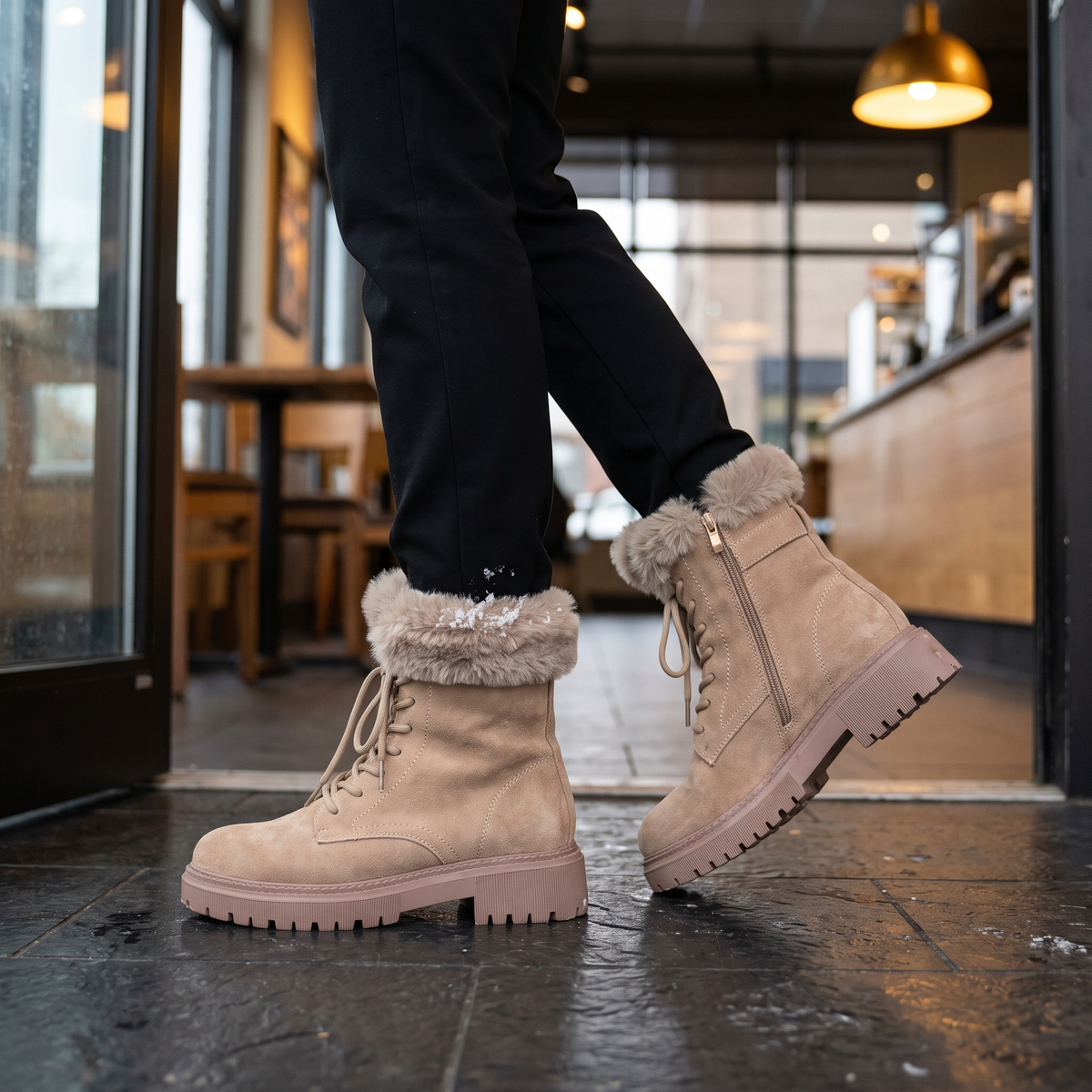 Lace up boots for women in khaki at a cafe entrance