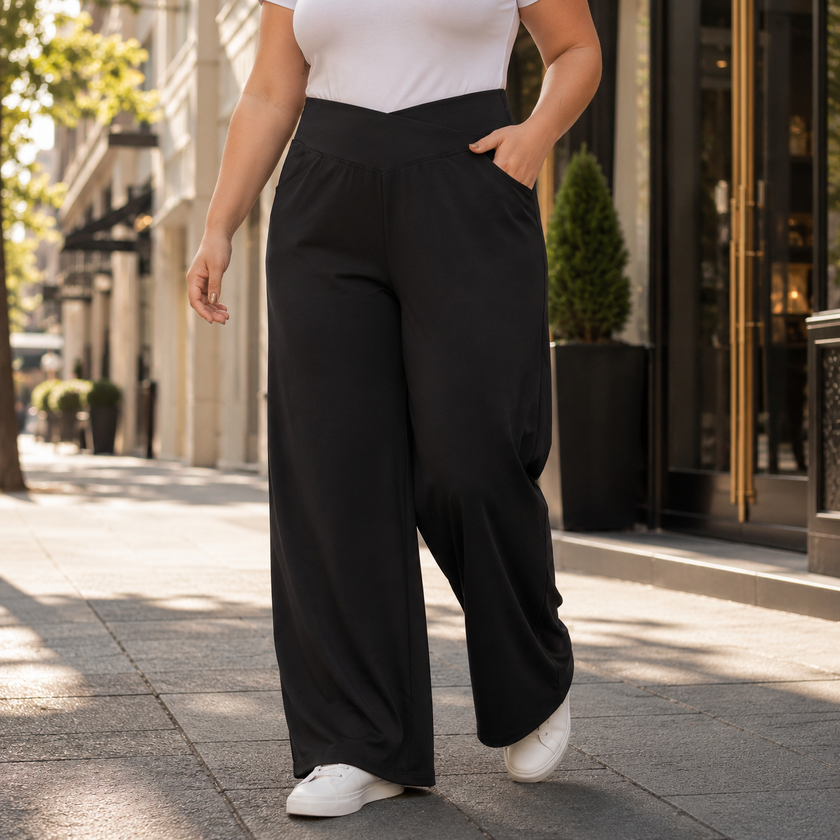 Plus Size Wide Leg Pants for Women, Pull On High Waist Trousers