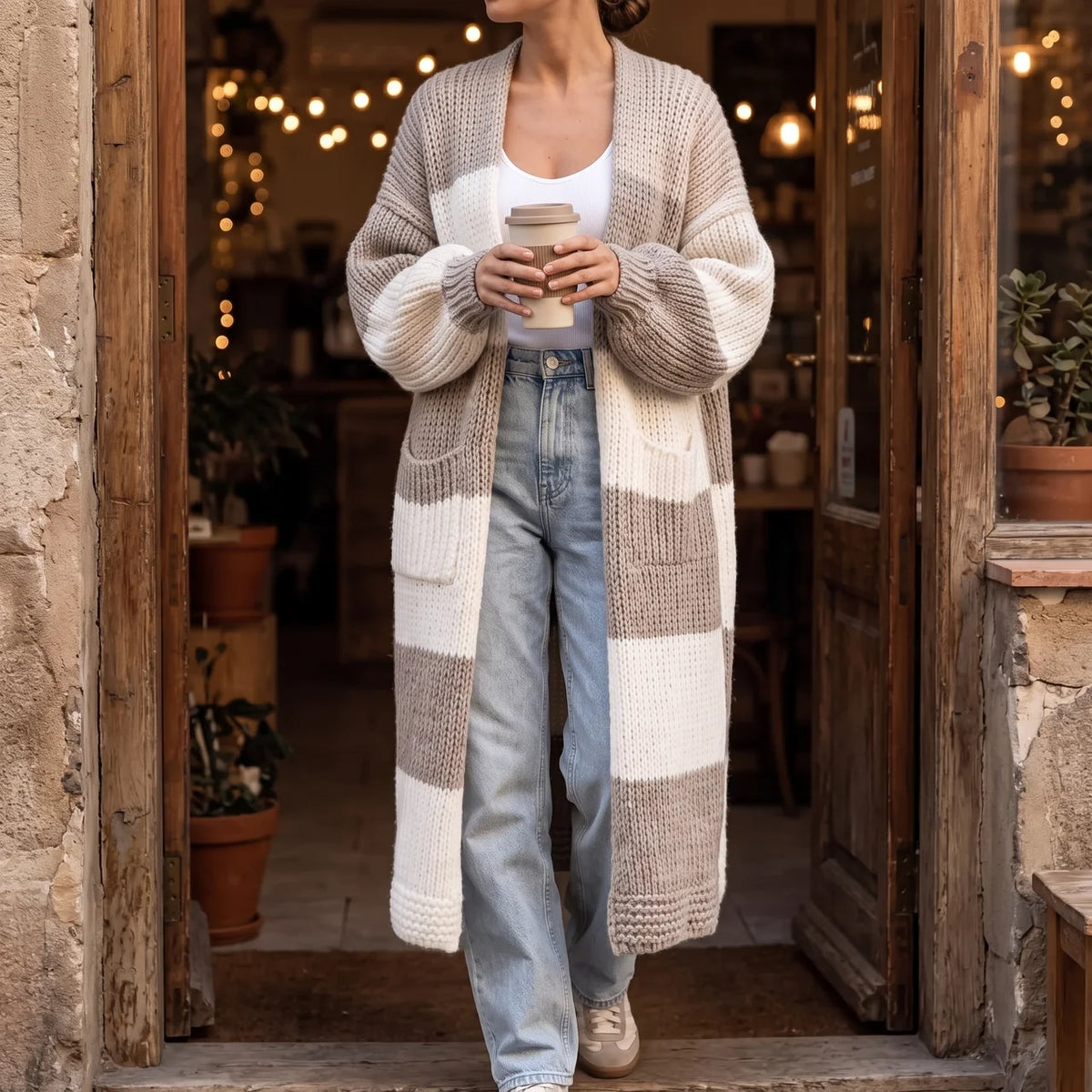 Oversized Cardigan for Women, Chunky Checkered Knit with Pockets