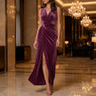 Velvet V neck wrap maxi dress for women, long evening gown
