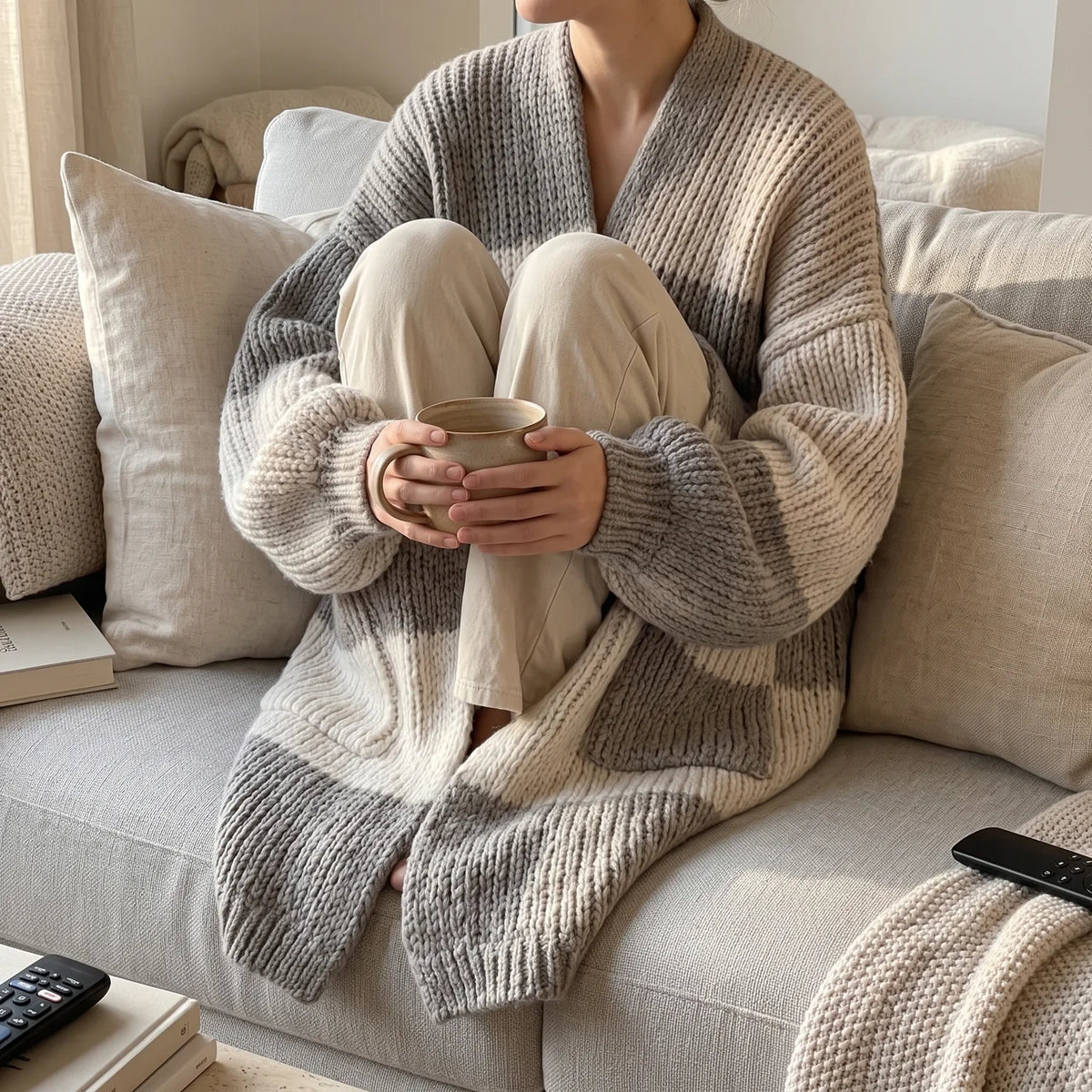 Oversized Cardigan for Women, Chunky Checkered Knit with Pockets